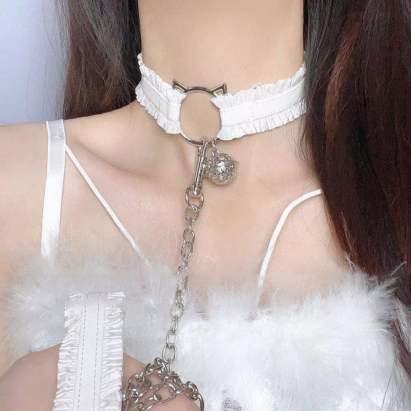 Cat bell bow leather collar