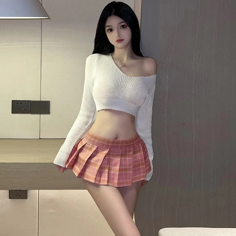 Short knitted sweater pleated skirt sexy underwear