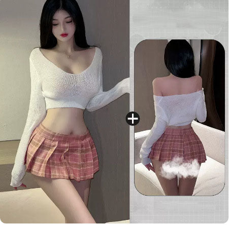 Short knitted sweater pleated skirt sexy underwear