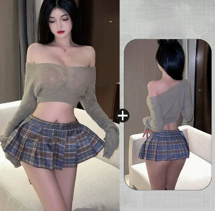 Short knitted sweater pleated skirt sexy underwear