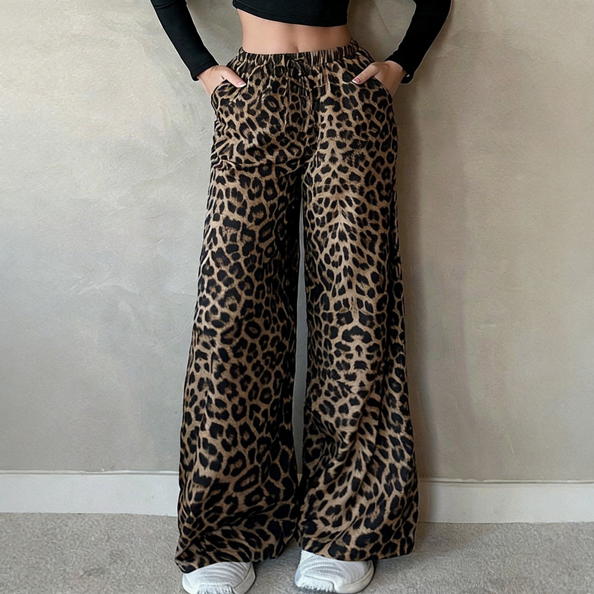 Leopard print straight wide-leg pants