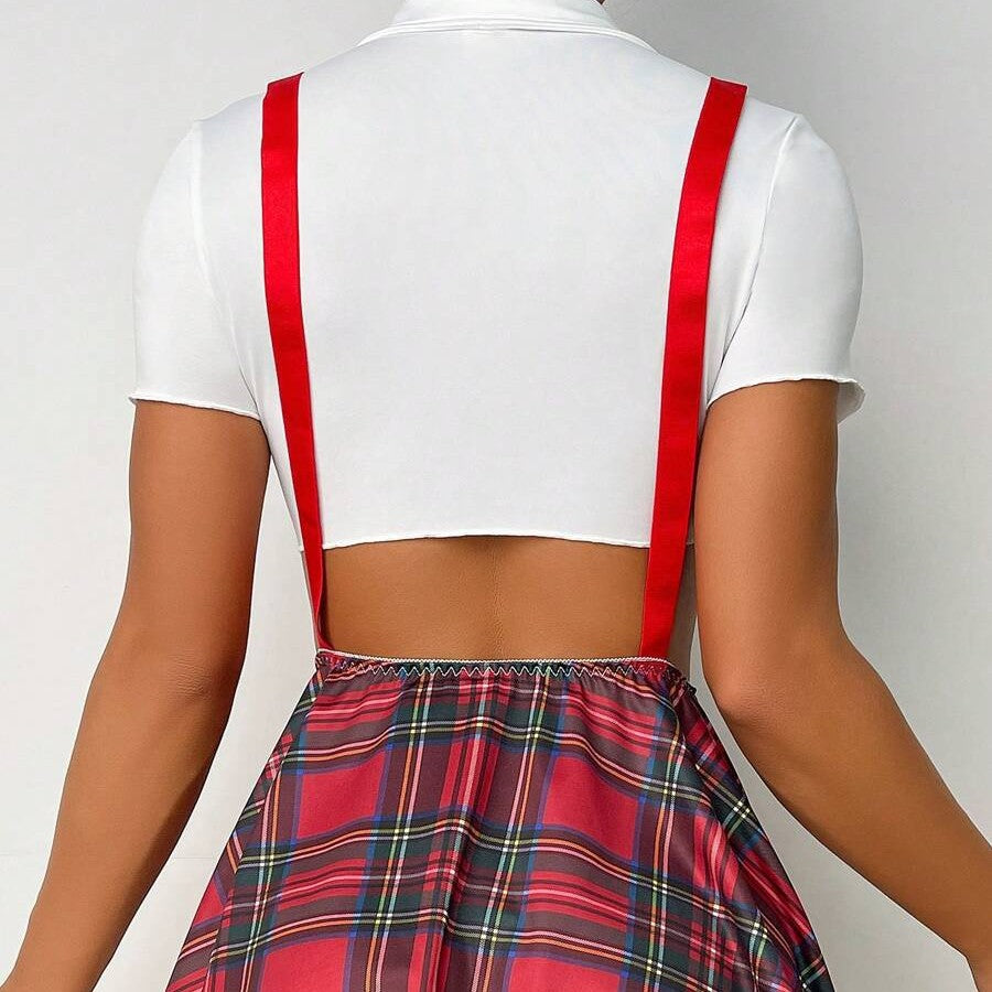 Plaid skirt with suspenders