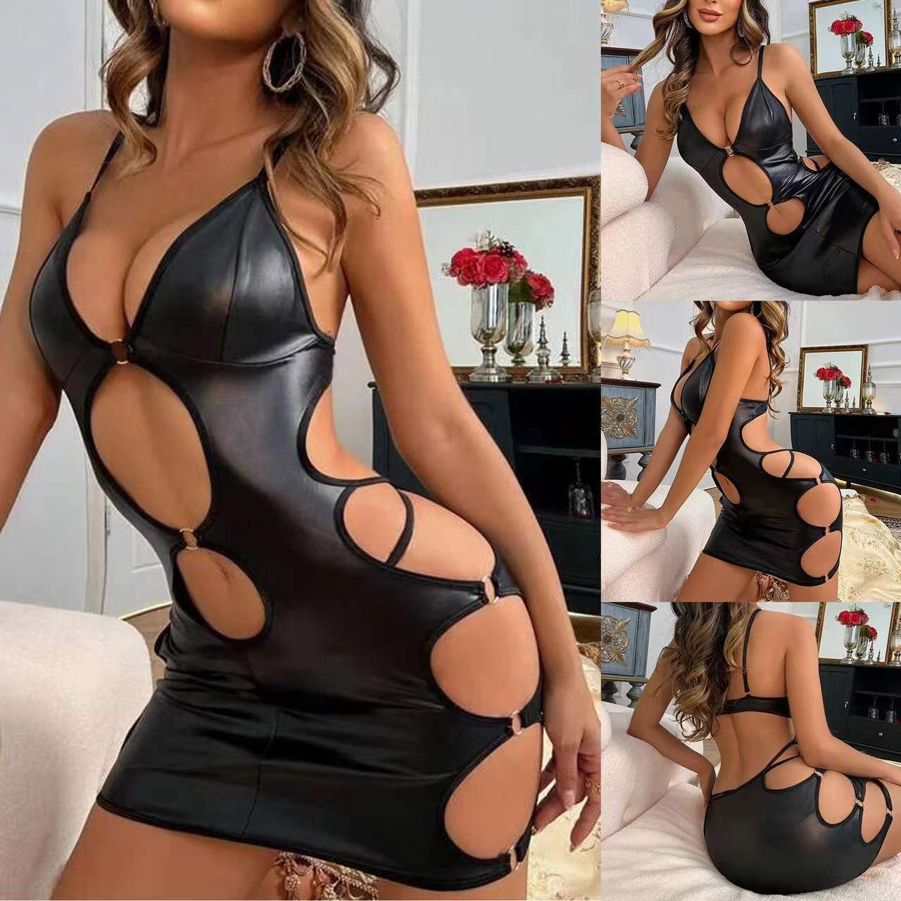 Patent leather hollow suspender skirt