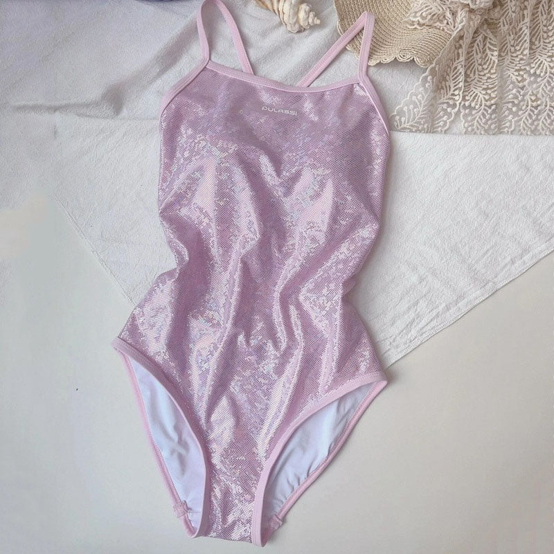 Pink glitter one-piece triangle swimsuit