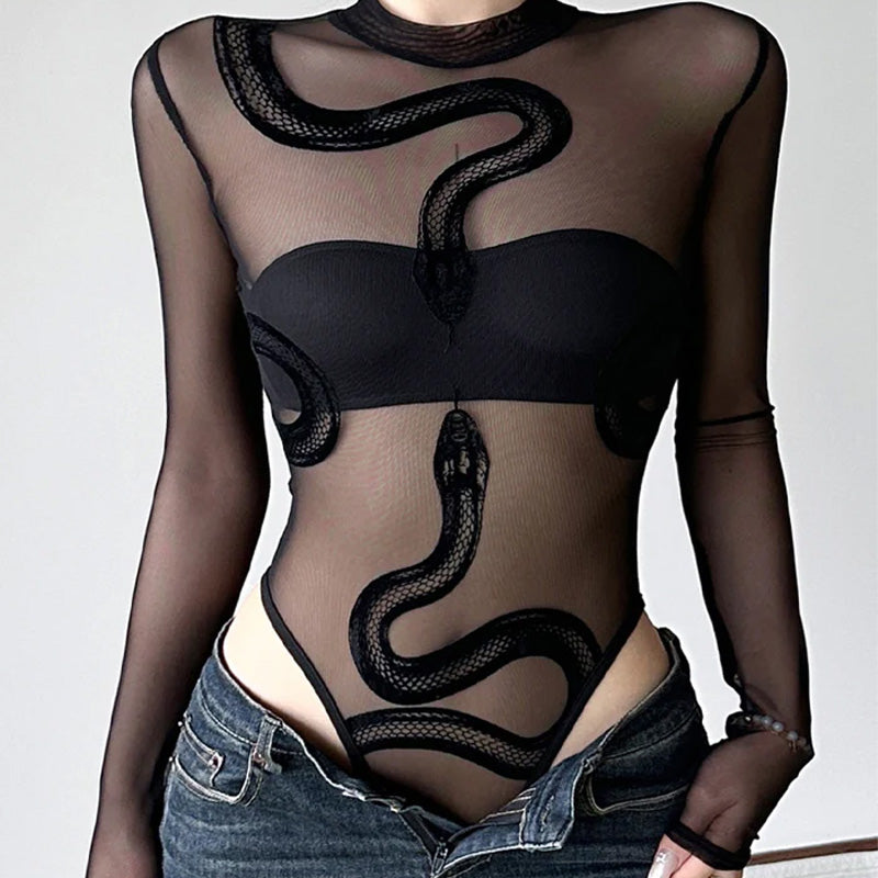 Crew Neck Snake Print Long Sleeve Bodysuit