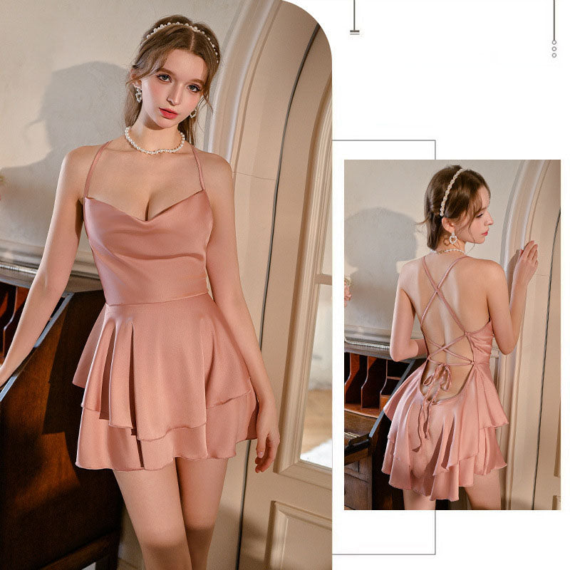 Lace-up backless home suspender nightgown