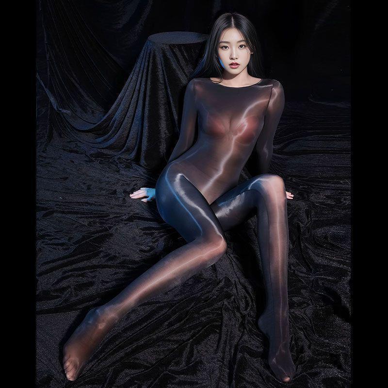 Ultra-thin crotchless full-body silk stockings