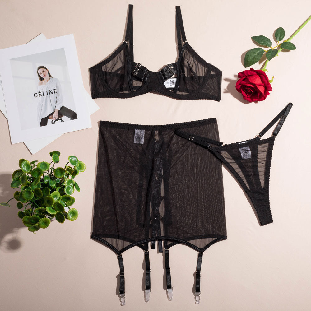 Hollowed-out see-through tight skirt set