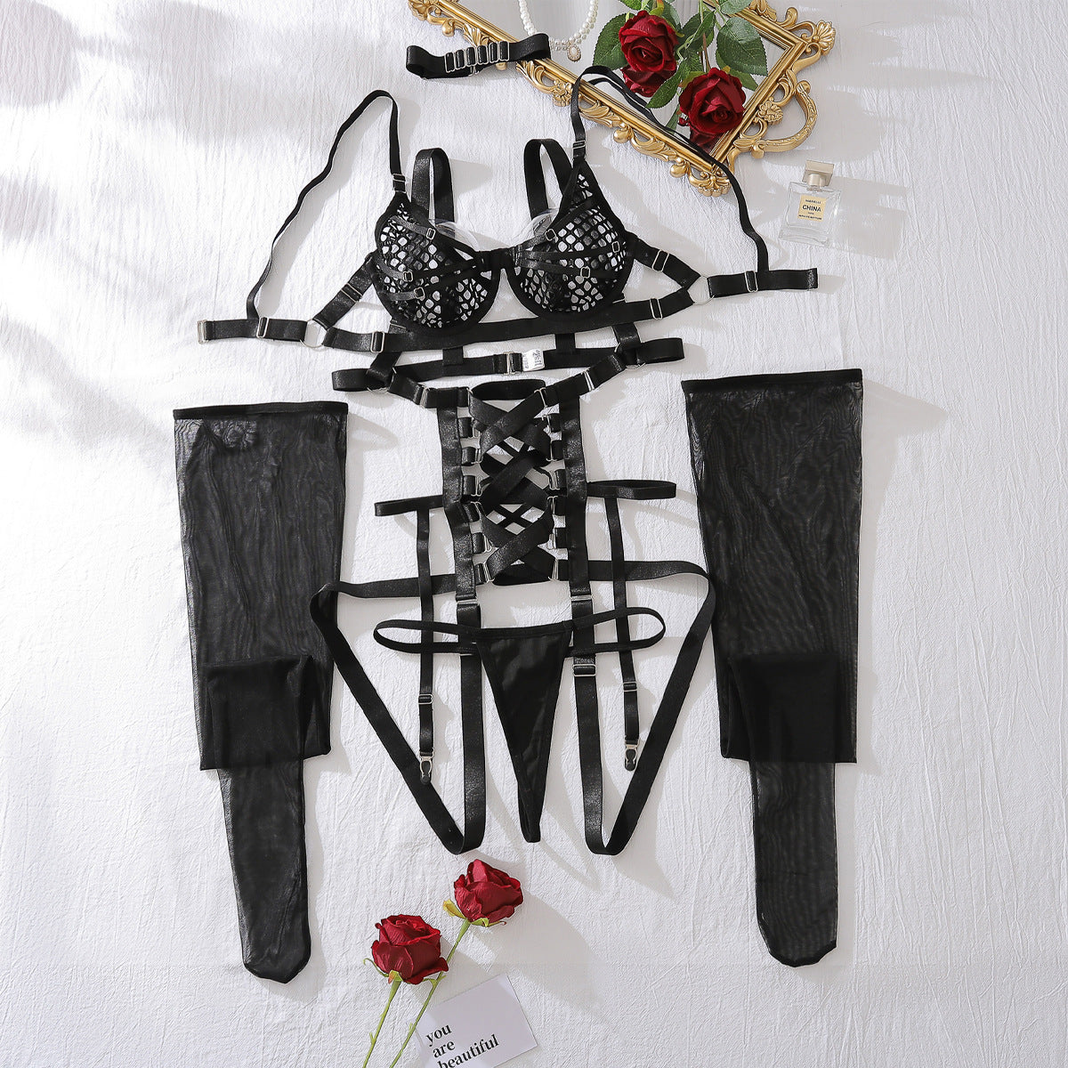 Binding strap hollowed-out crotchless set