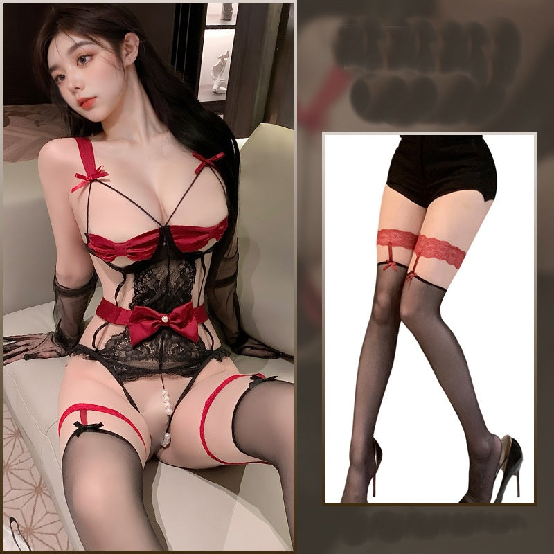 Lace halter bow pearl crotchless jumpsuit