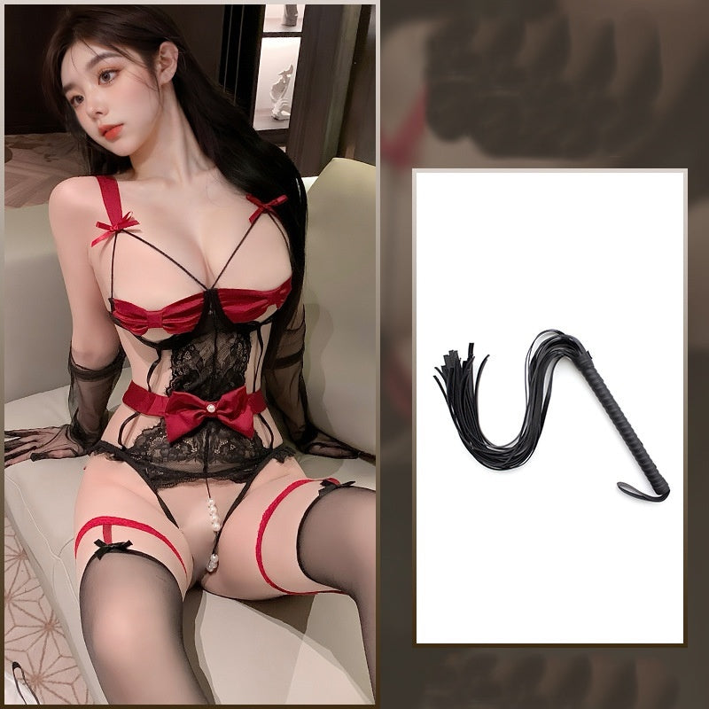 Lace halter bow pearl crotchless jumpsuit