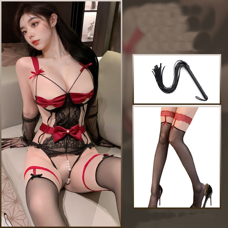 Lace halter bow pearl crotchless jumpsuit