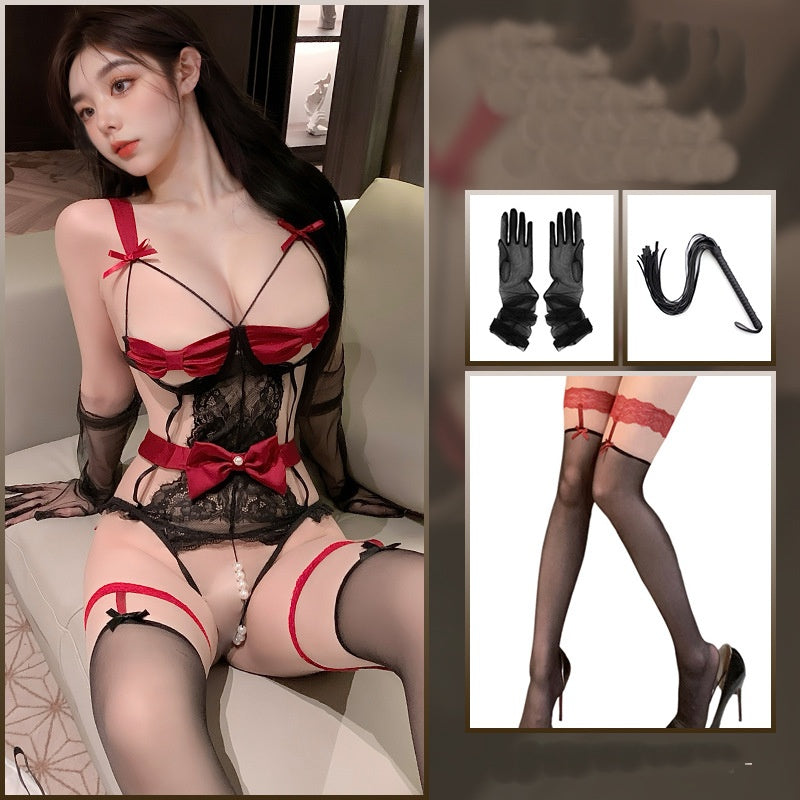 Lace halter bow pearl crotchless jumpsuit