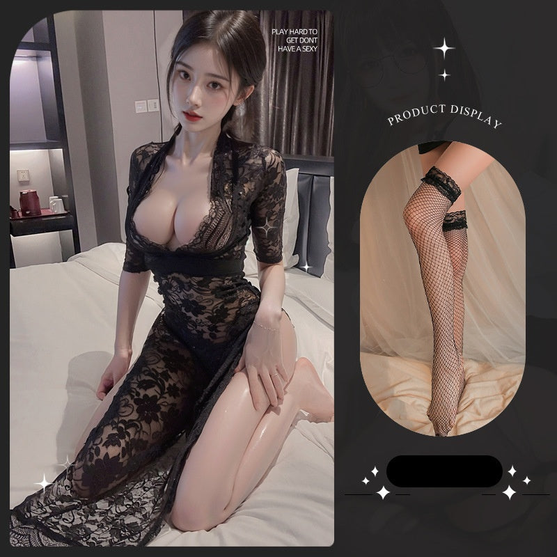 Lace see-through crotchless pajamas