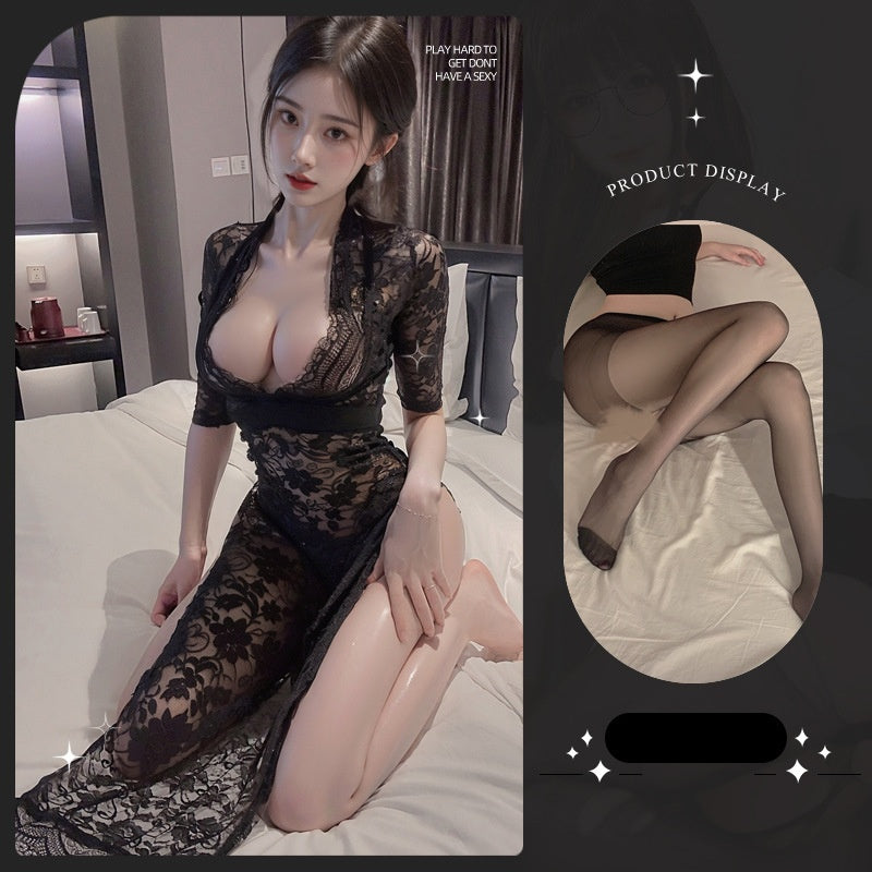 Lace see-through crotchless pajamas