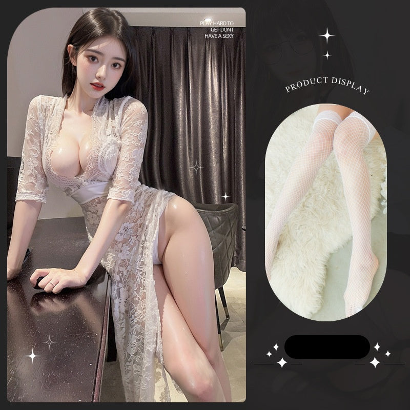 Lace see-through crotchless pajamas