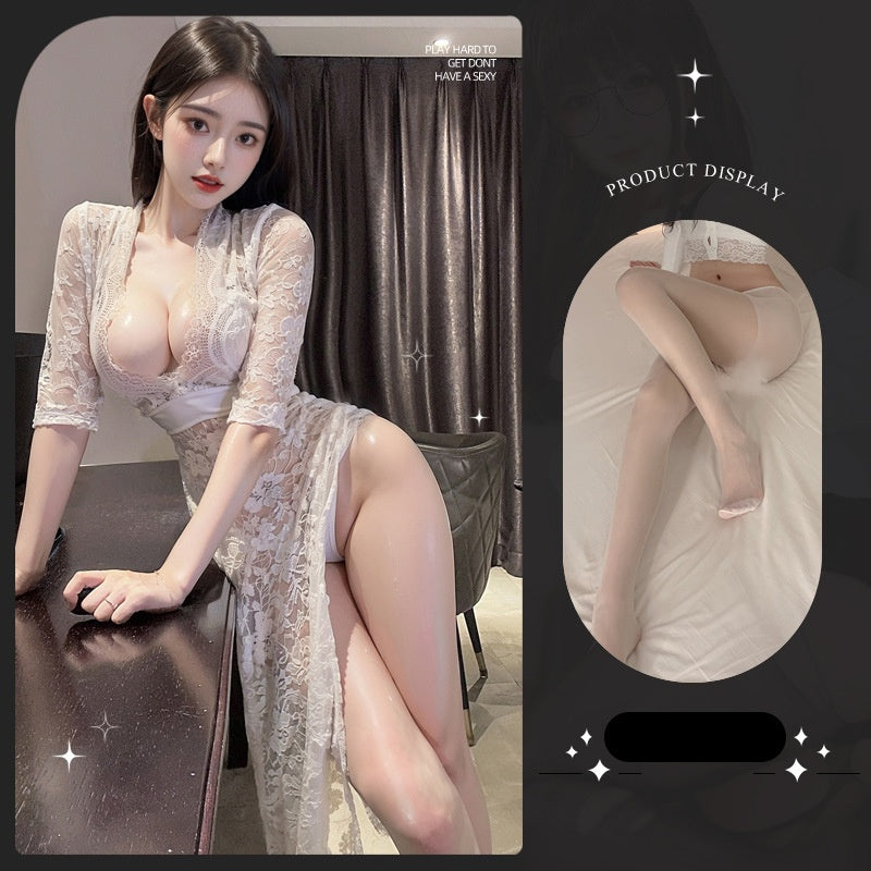 Lace see-through crotchless pajamas