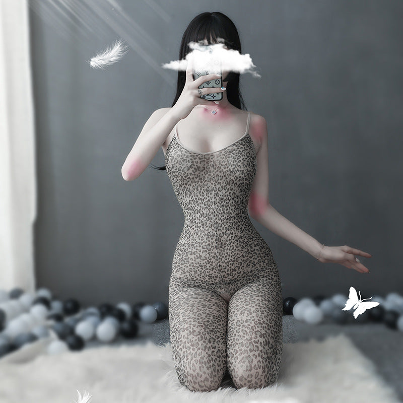 Leopard print suspender uniform jumpsuit