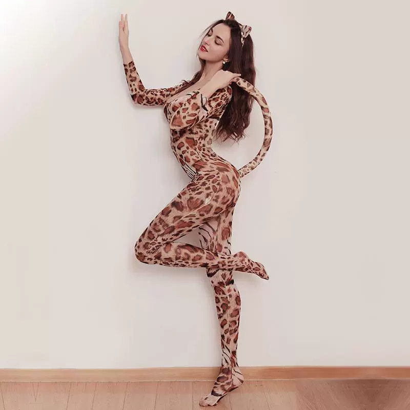 Mesh Crotchless Leopard Jumpsuit