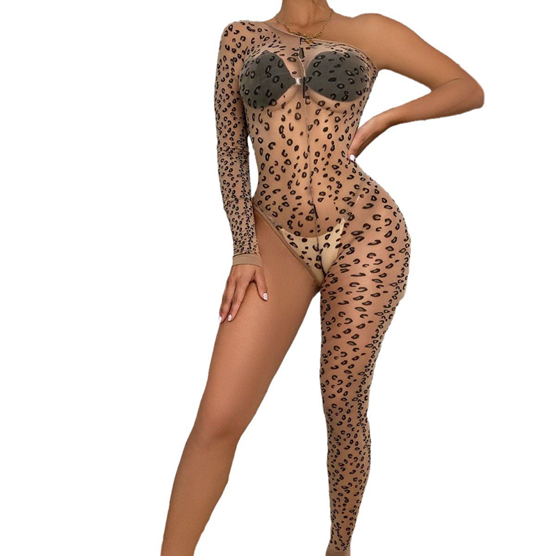 Mesh leopard print one-shoulder one-leg jumpsuit