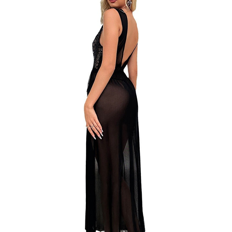 Slit lace stitching suspender long skirt