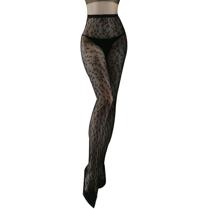 Leopard print garter fishnet stockings