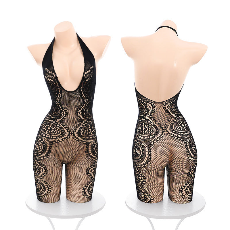 Jacquard deep U halter neck body stockings