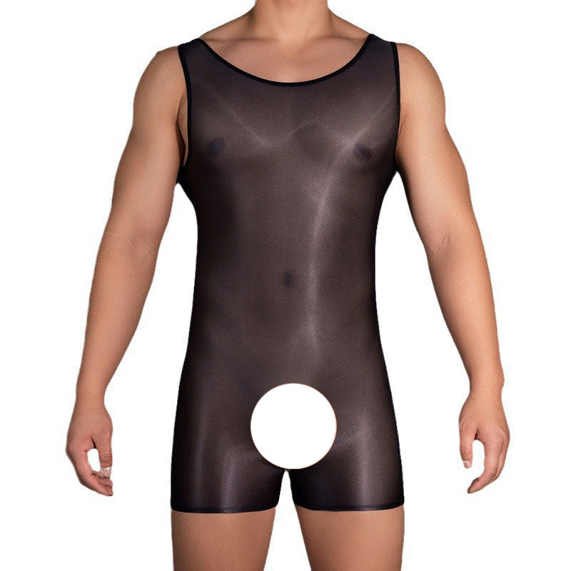 Men's shiny body shaping boxer jumpsuit