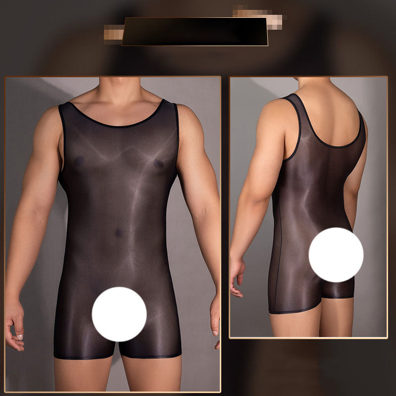Men's shiny body shaping boxer jumpsuit
