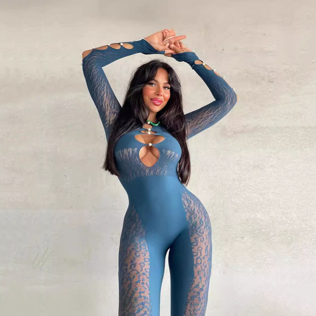 Leopard print sexy jacquard jumpsuit