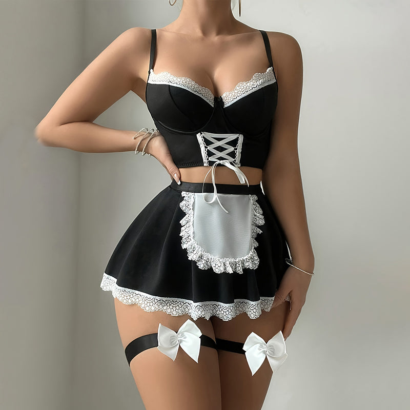 Maid outfit bra short skirt thong three-piece set