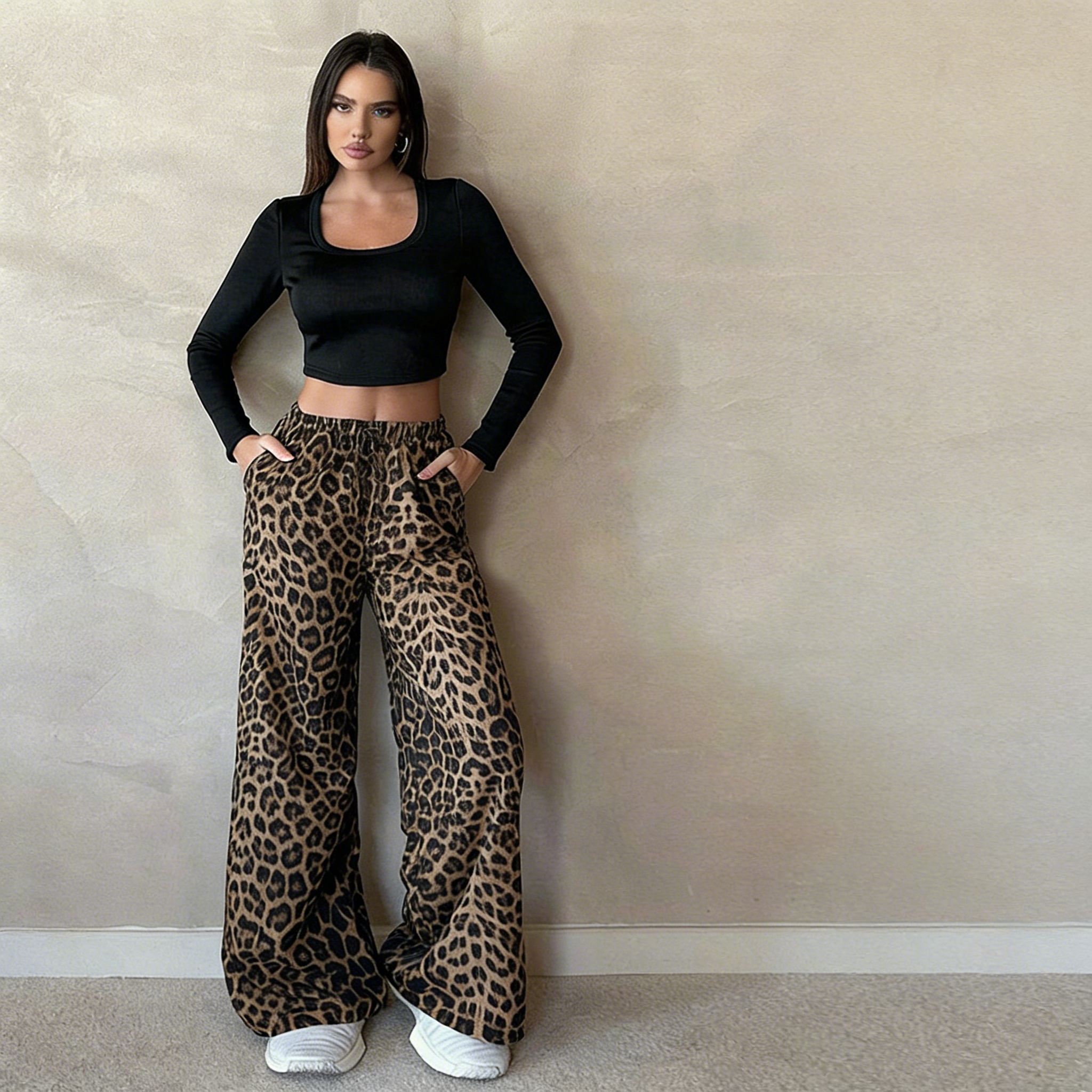 Leopard print straight wide-leg pants