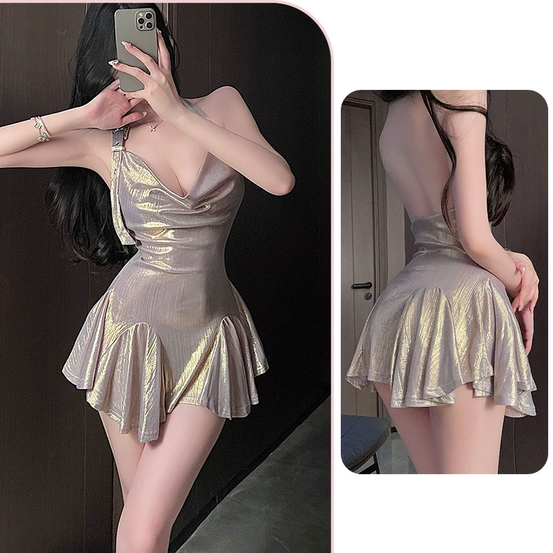 Shiny gilded sway collar dress