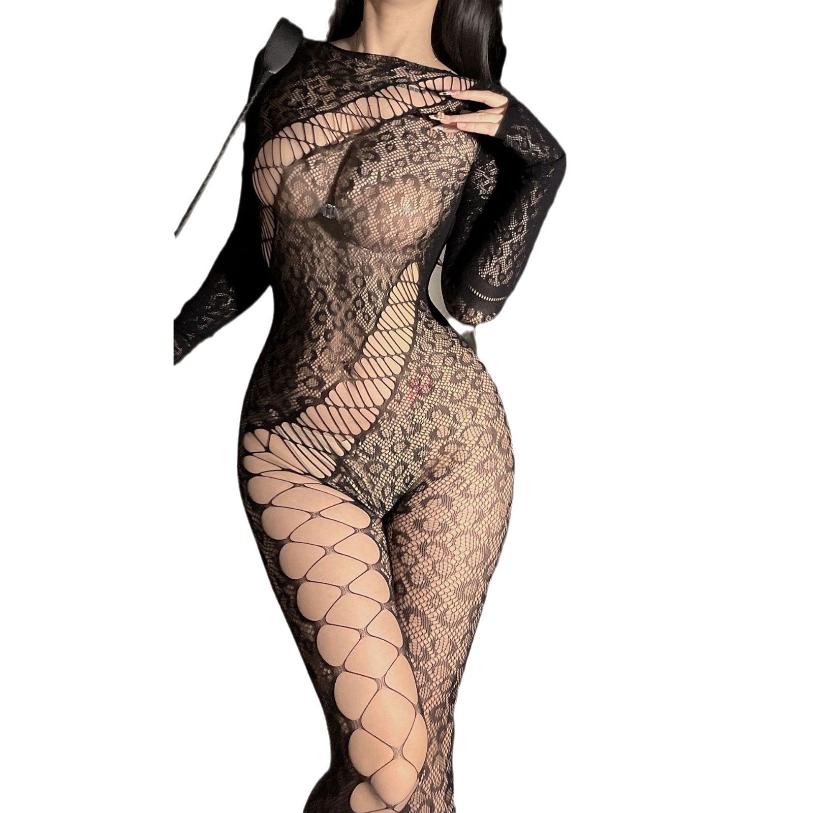 Irregular mesh leopard print body stockings