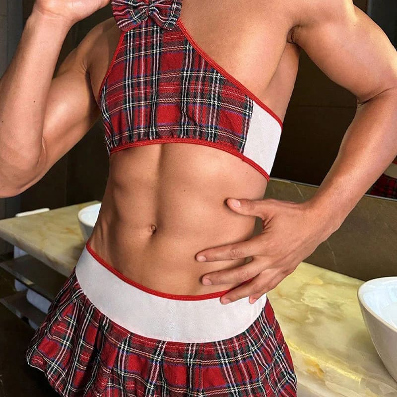 Men's plaid off-shoulder pleated skirt suit