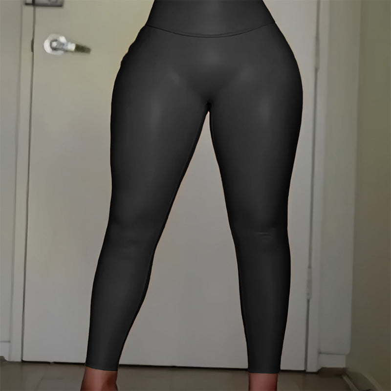 PU Solid Color Slim Fit High Waist Pants