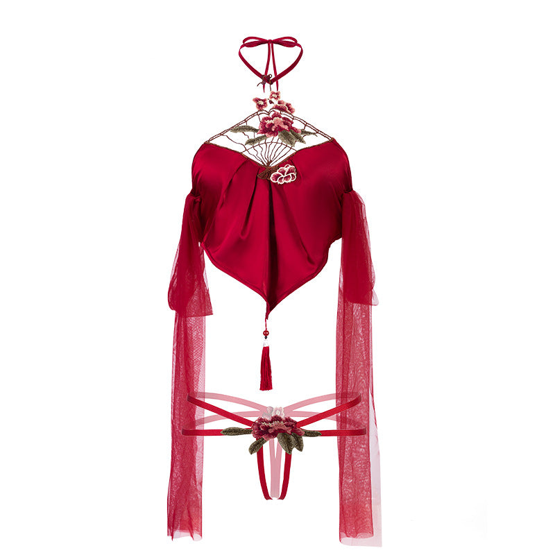 Peony embroidery lace-up bellyband set
