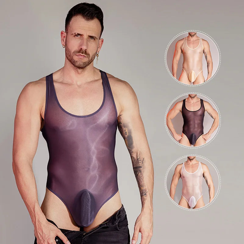 Men's sexy silky body-shaping jumpsuit