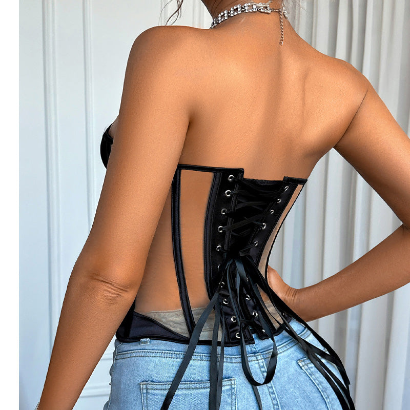 Retro mesh patchwork waist vest