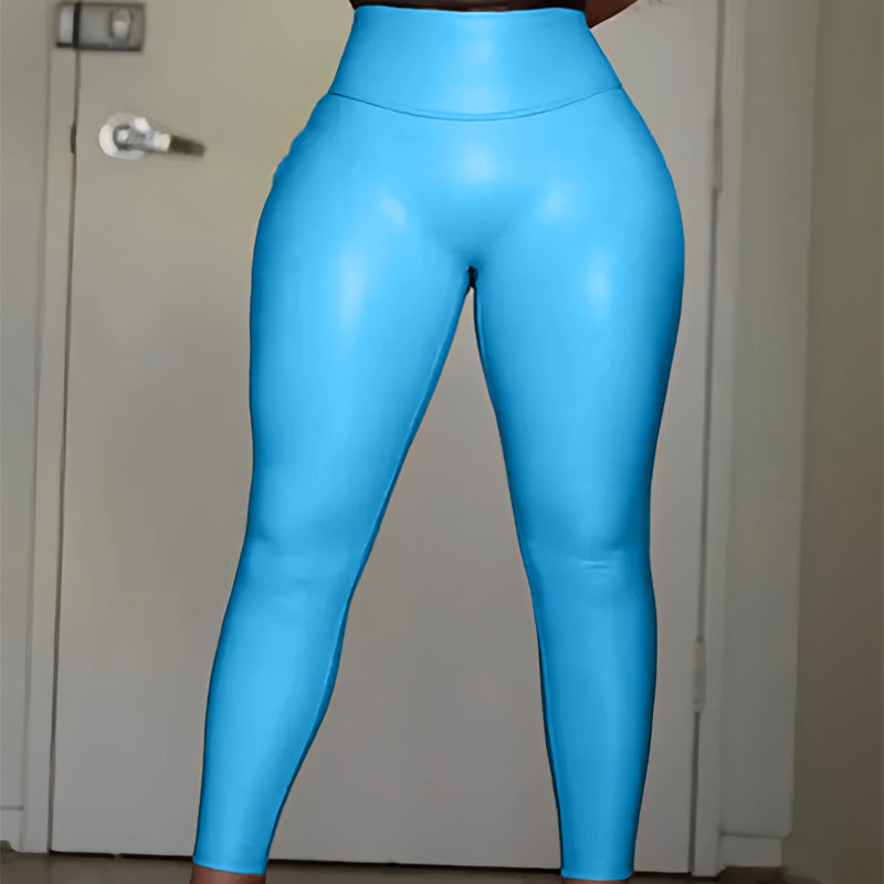 PU Solid Color Slim Fit High Waist Pants