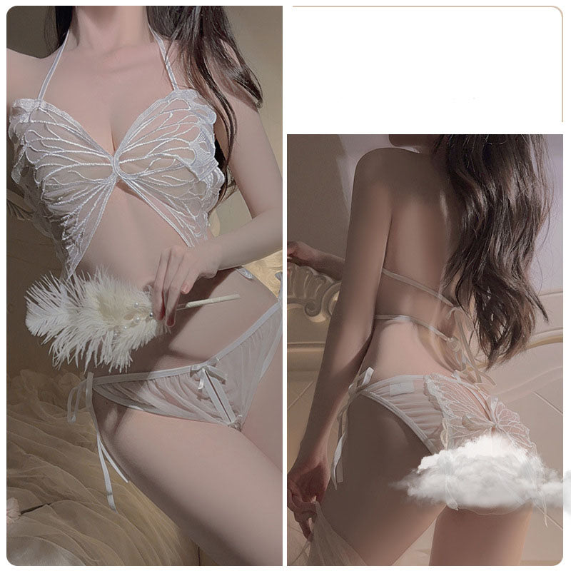 See-through mesh butterfly breast cup three-point uniform suit