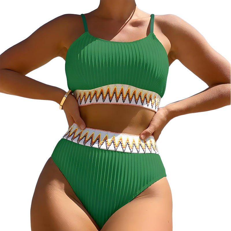 Solid color striped bikini two-piece swimsuit