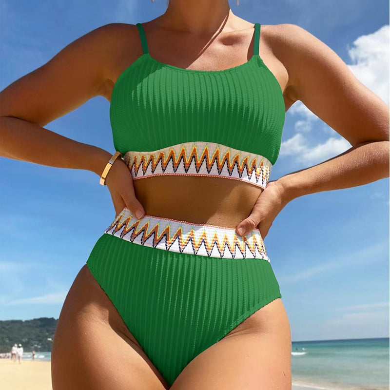 Solid color striped bikini two-piece swimsuit