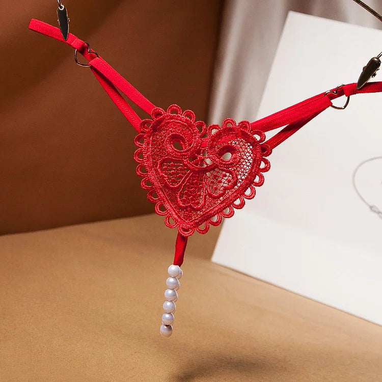 G039 Vintage Heart-Shaped Hollow Out Pearl Thong