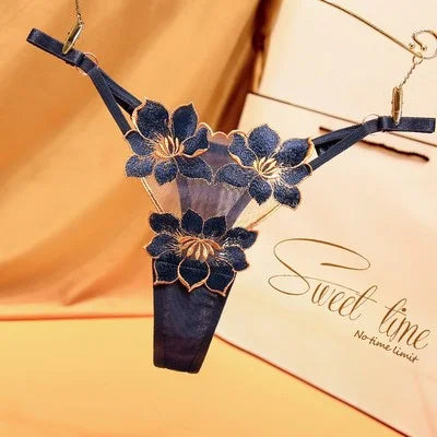 G043 Embroidered Floral Low-Waist Adjustable Thong
