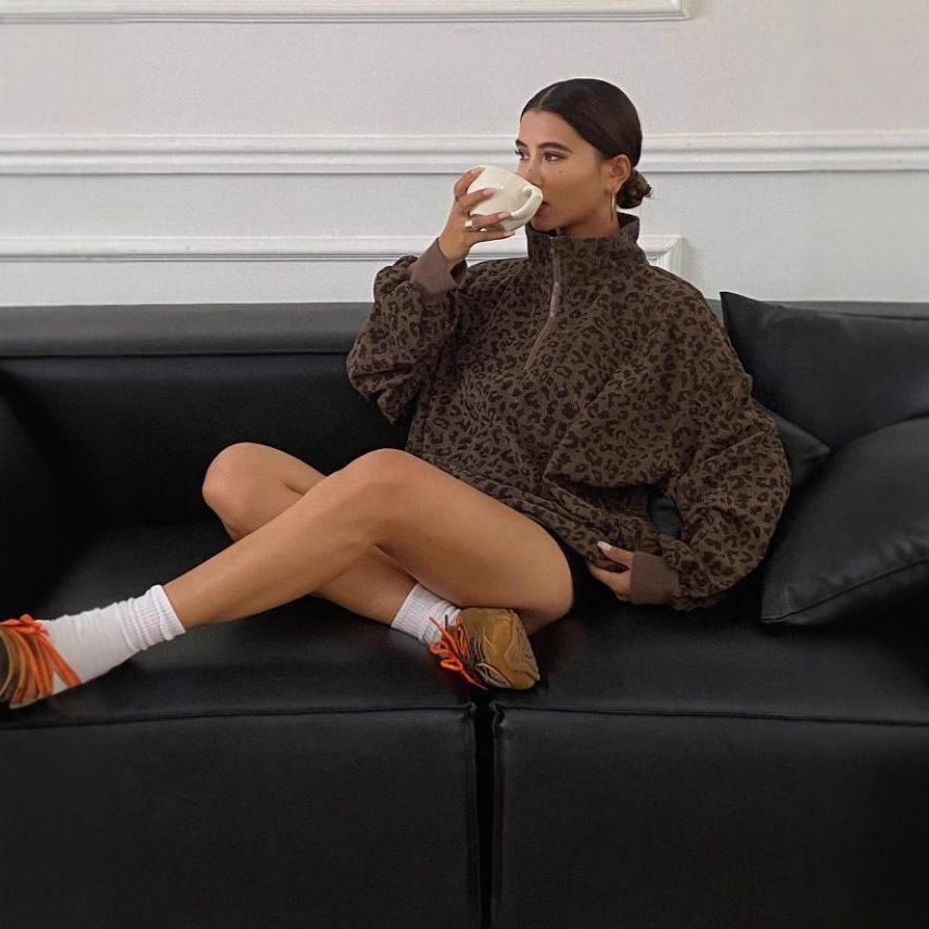 Retro leopard print stand-up collar women's coat, 2026 new loose sweatshirt