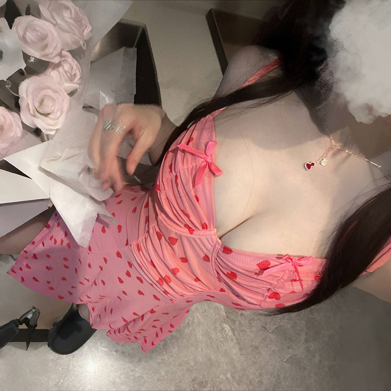 Summer Thin Love Mesh Sexy Bowknot Pure Nightdress