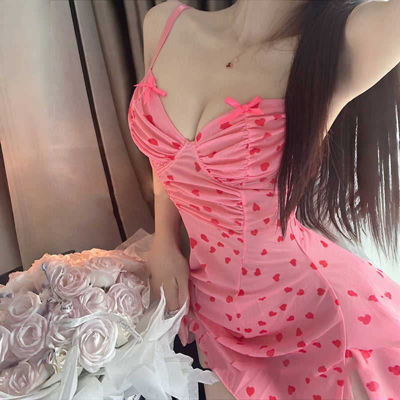 Summer Thin Love Mesh Sexy Bowknot Pure Nightdress