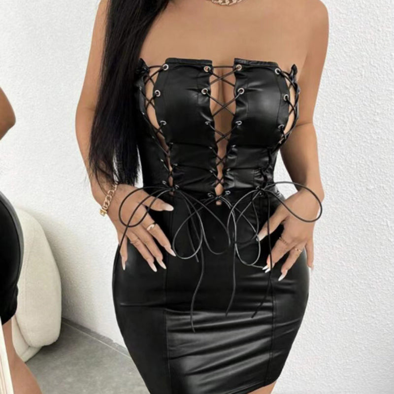 Sexy tube top tight PU leather strap dress