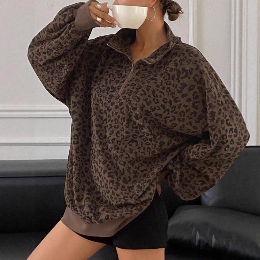 Retro leopard print stand-up collar women's coat, 2026 new loose sweatshirt